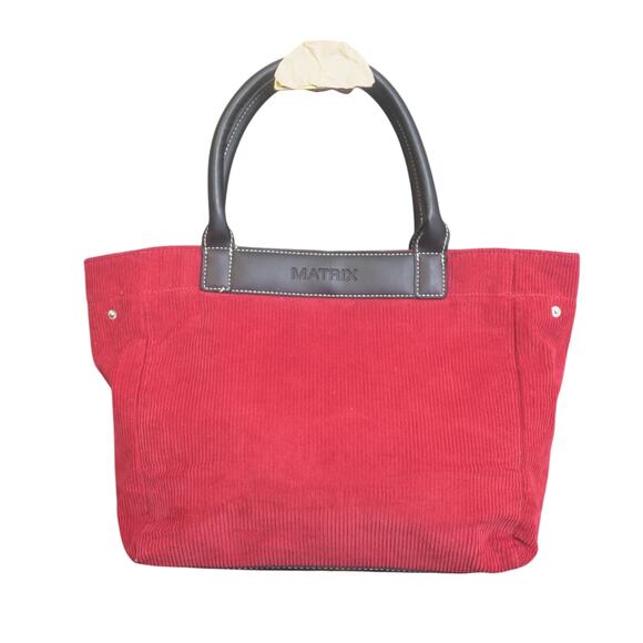 Matrix Handbags - Red Corduroy Tote Bag Faux Leather Trim Snap Side Shopper